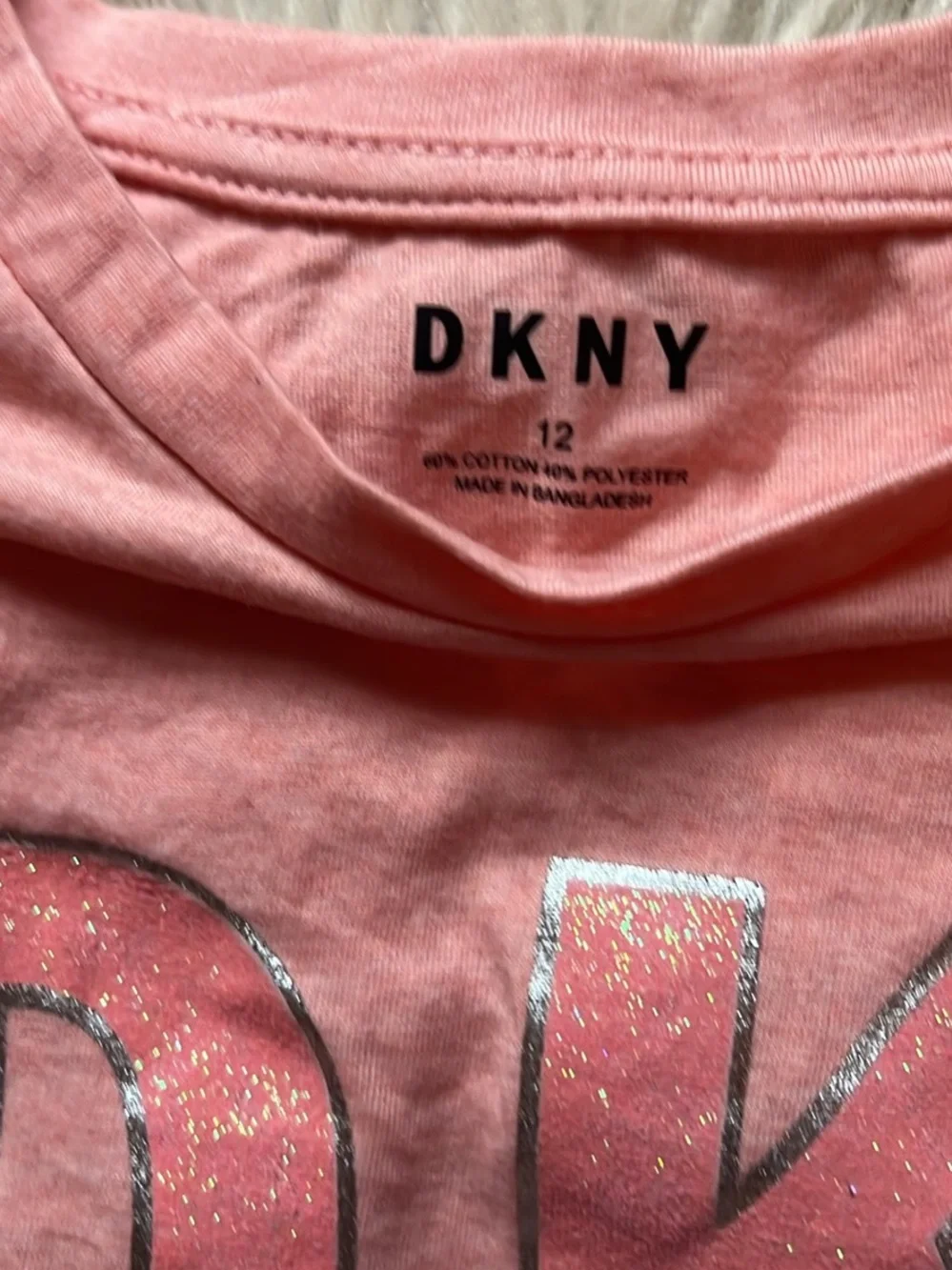 DKNY Pink Peach Glitter Logo Tee with Gray shorts